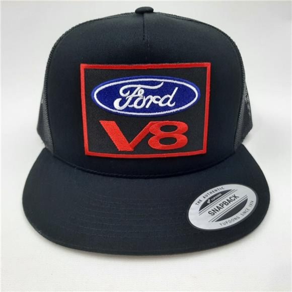 F150 Retro Mustan Ford V8 Embroidered Patch Black Flat Bill Trucker Mesh Cap Hat - Picture 5 of 5